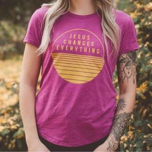 New with tags-Jesus Changes Everything Raspberry Scoop Tee